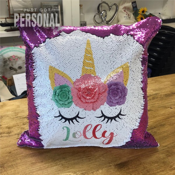 Personalised Sequinned Unicorn Cushion - Purple